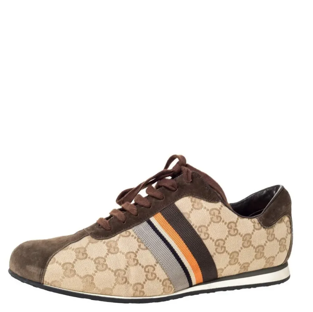 GUCCI GG Monogram Canvas Brown Suede Orange Web Lace Sneakers Sz 9G 9.5 US $995